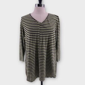 Cut Loose Tunic Top Gray Yellow Striped Cotton Linen Lagenlook L